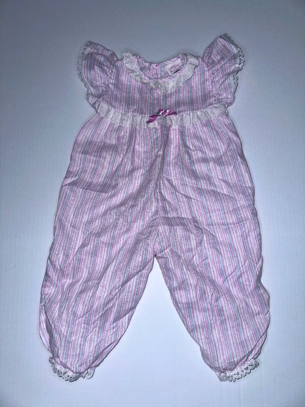 VTG Baby Girls Pink Striped Eyelet Lace ALLISON ANN Jumpsuit Romper 12m